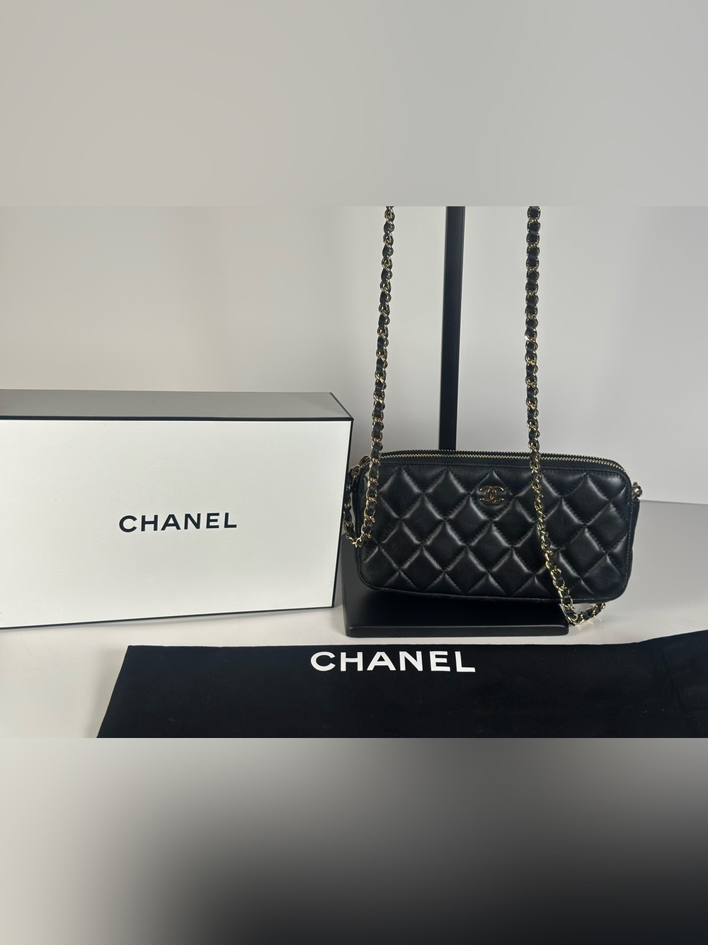 Authentic CHANEL Black Gold Quilted Lambskin Double Zip Crossbody Clutch